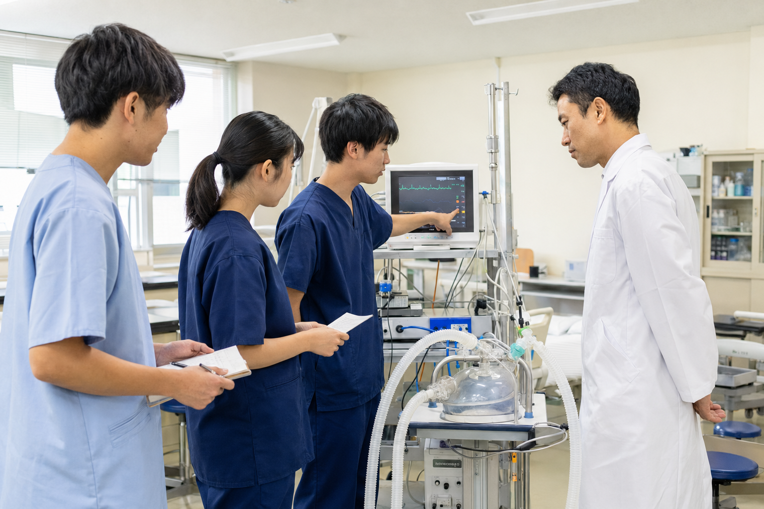 透析装置を前に確認を行う臨床工学科の学生